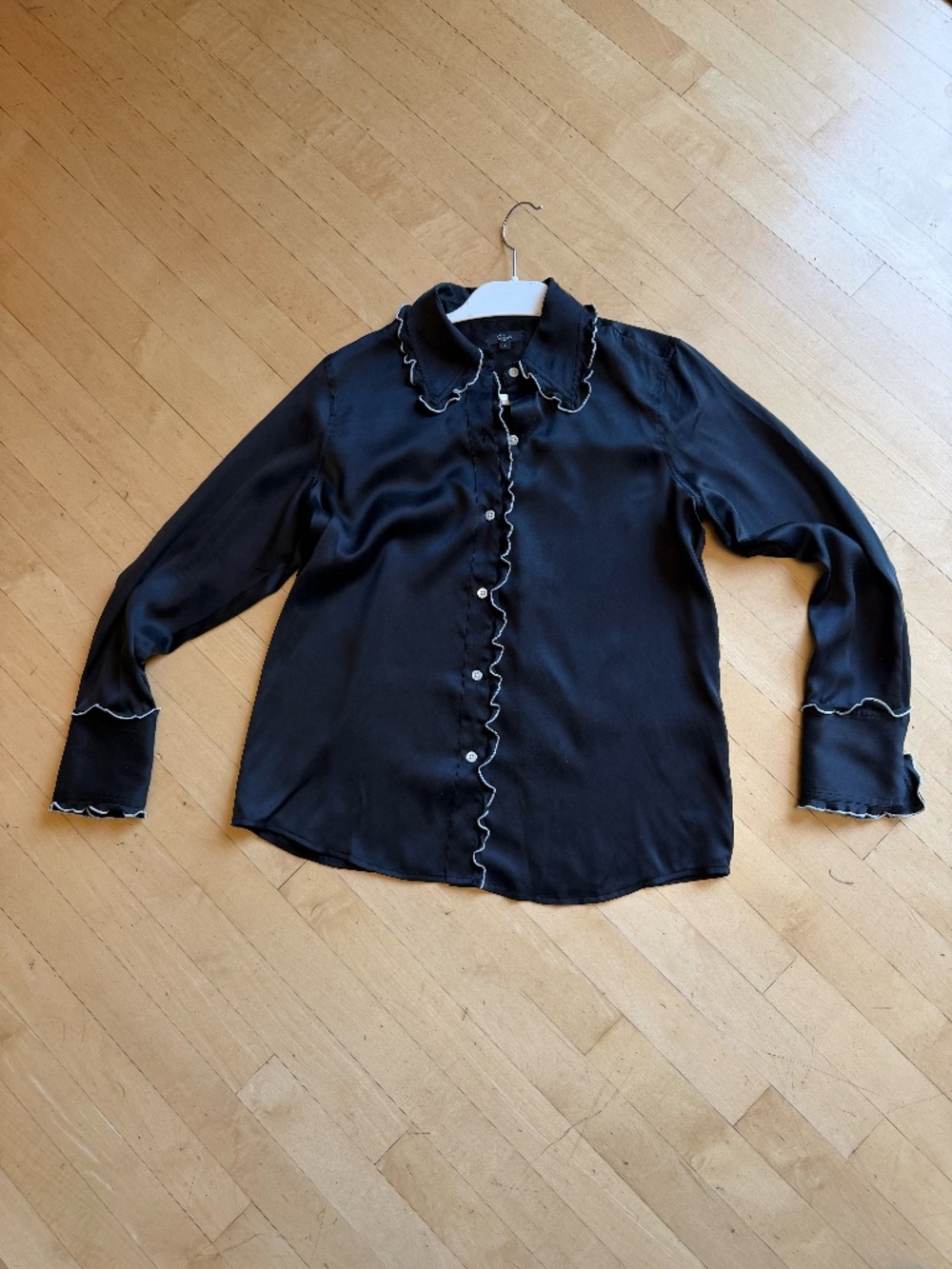 Rails Fia Black silk Button Down Shirt with White lettuce edging, S,  CB2676 - Picture 5 of 7